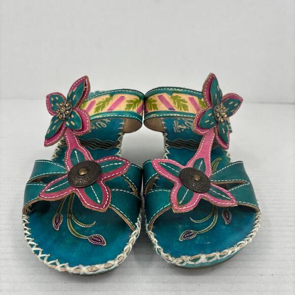 Elite by Corkys Poppy Sandals Womens Size 8 Turquoise Leather Floral Embellished - Picture 8 of 13
